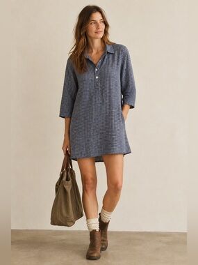 Vintage 1980s/90s Match Point USA Linen Blend Plaid Tunic Shirt Dress S
